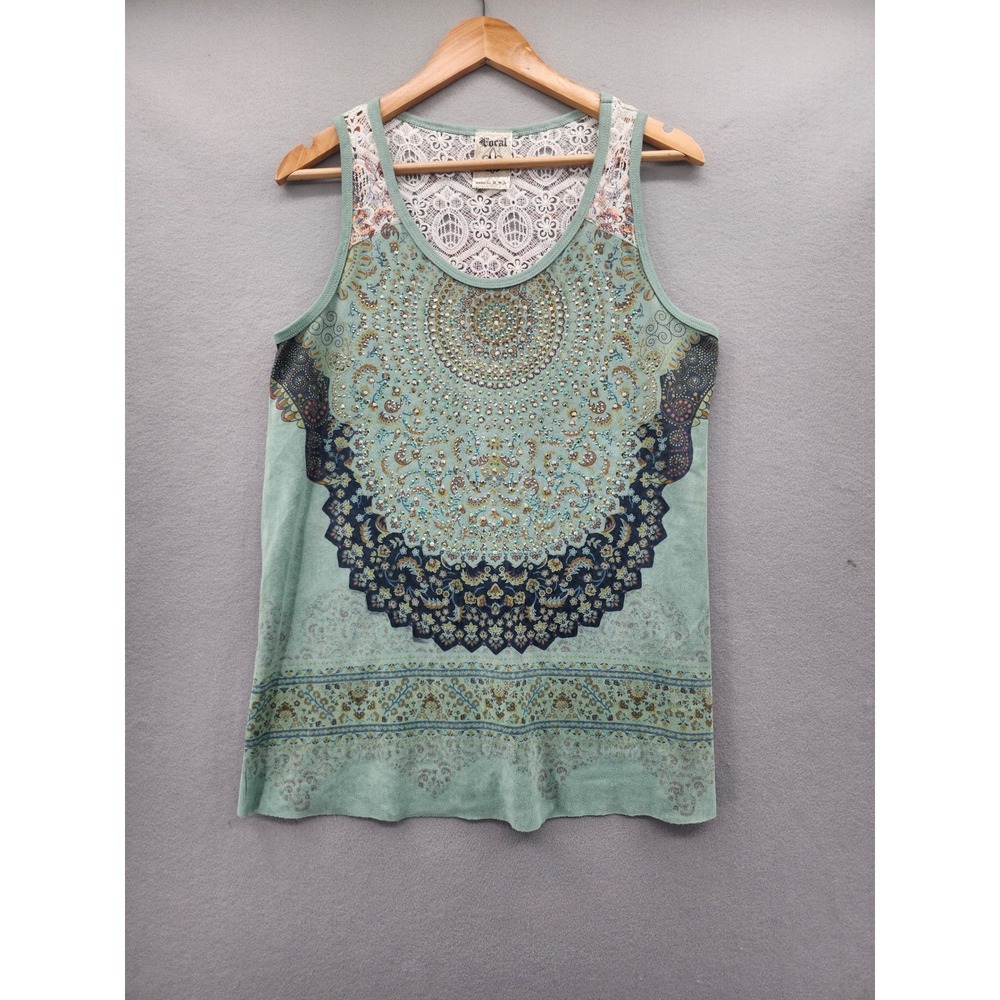 Vocal Womens Tank Top M Sage Green Faux Suede Rhinestone Lace Back Mandala Boho